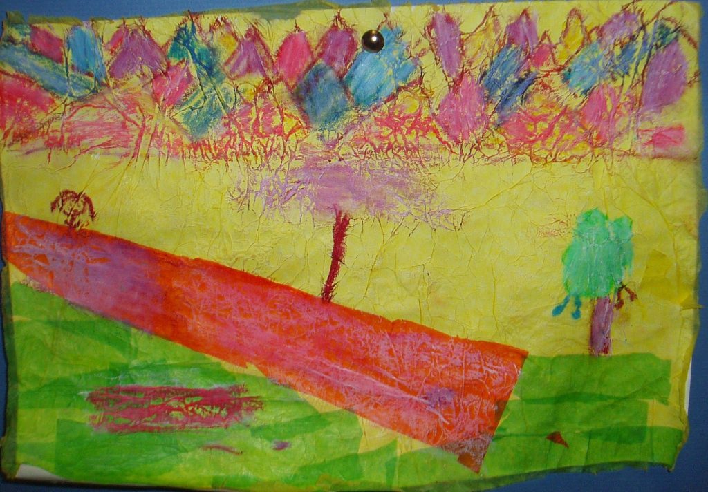 Paisajes, papel seda y ceras.
