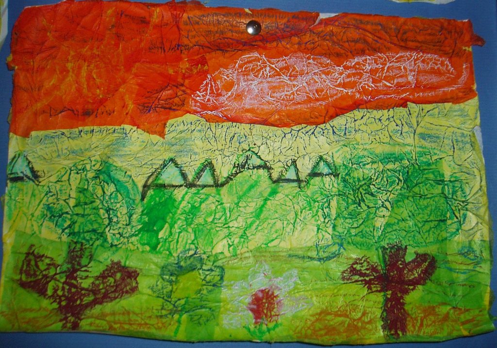 Paisajes, papel seda y ceras.