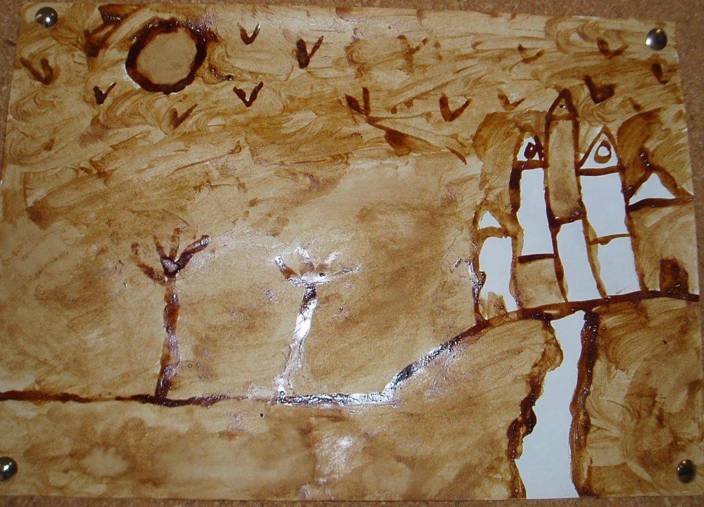 Casa encantada pintada con el café para Halloween.